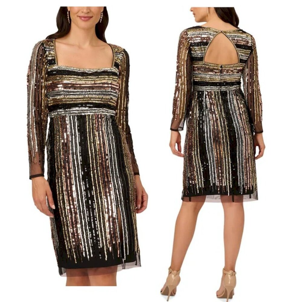 Adrianna Papell Black Multi Sequin Square-Neck Long Sleeve Dress